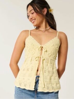 NWT Hollister Butter Yellow Crochet Tie Front Tank Top - M